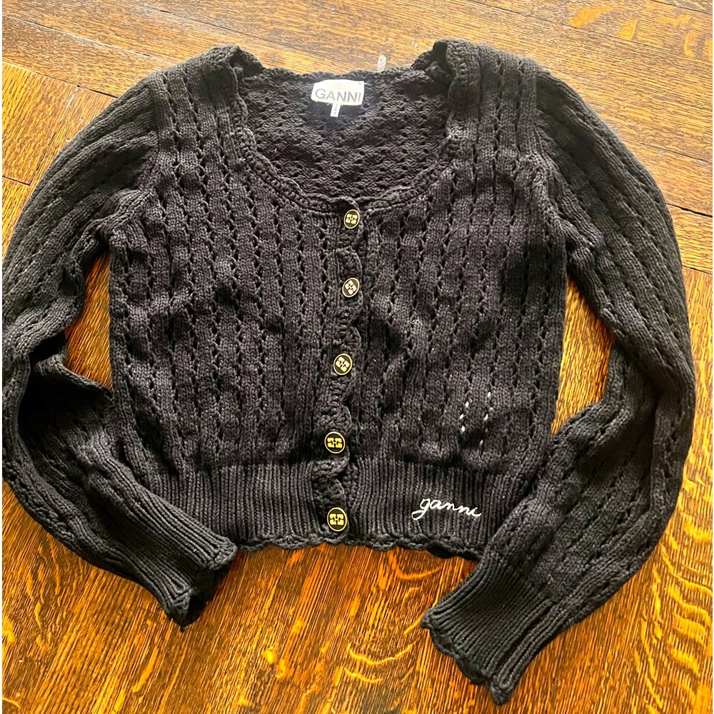 GANNI KNIT BRAND NEW CARDIGAN BLACK CROCHET XXS